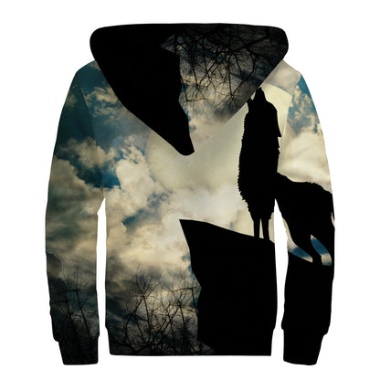 Wolf Howling At The Full Moon Print Sherpa Lined Zip Up Hoodie