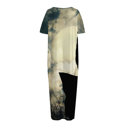 Wolf Howling At The Full Moon Print Short Sleeve Long Nightdress