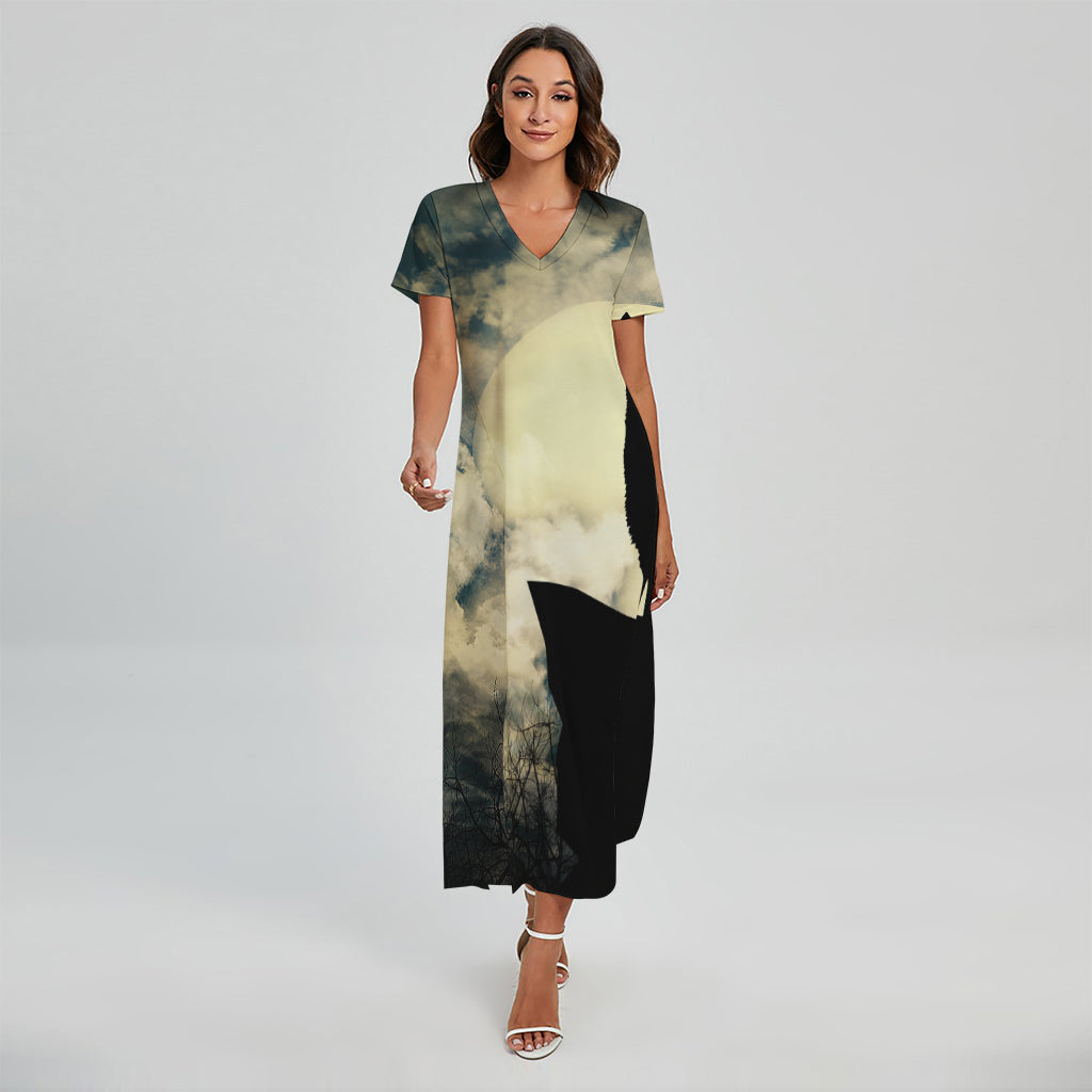 Wolf Howling At The Full Moon Print Short Sleeve Maxi Dress