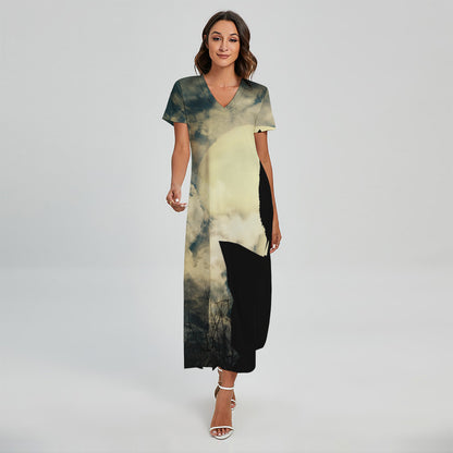 Wolf Howling At The Full Moon Print Short Sleeve Maxi Dress