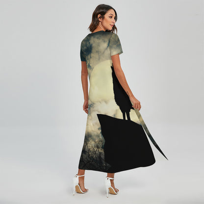 Wolf Howling At The Full Moon Print Short Sleeve Maxi Dress