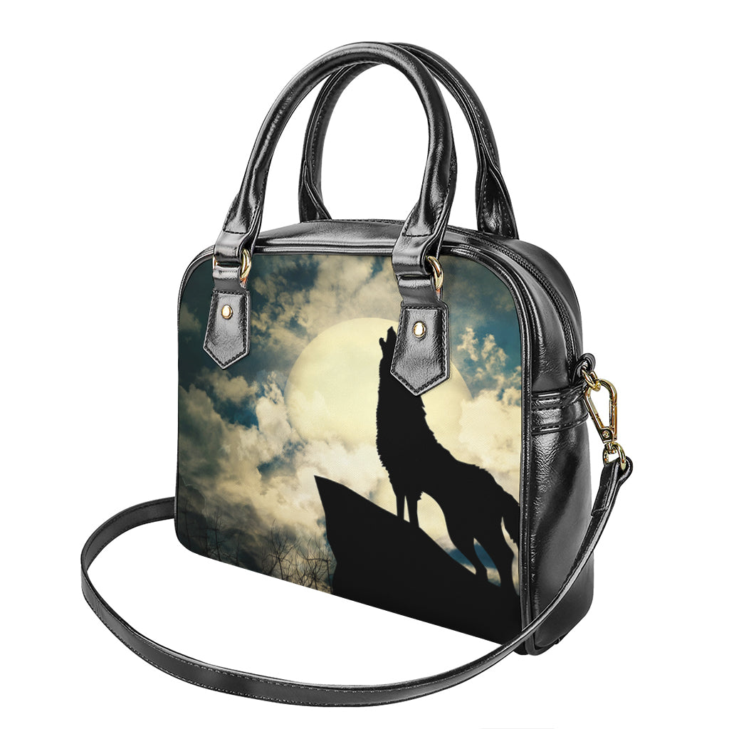 Wolf Howling At The Full Moon Print Shoulder Handbag
