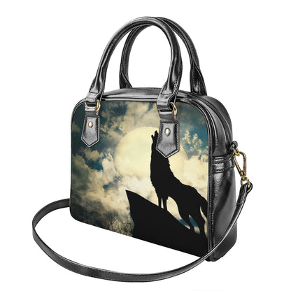 Wolf Howling At The Full Moon Print Shoulder Handbag