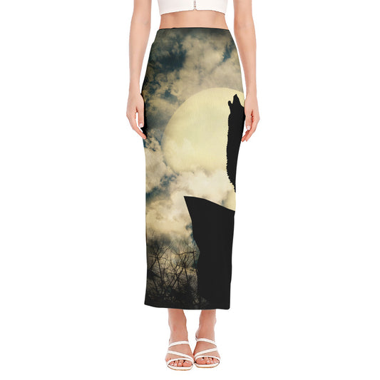 Wolf Howling At The Full Moon Print Side Slit Maxi Skirt