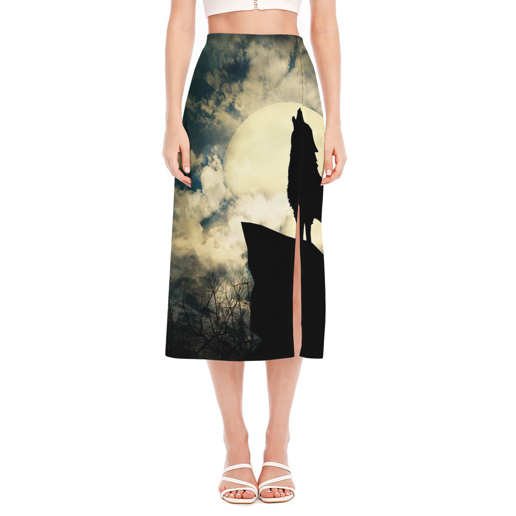 Wolf Howling At The Full Moon Print Side Slit Midi Skirt