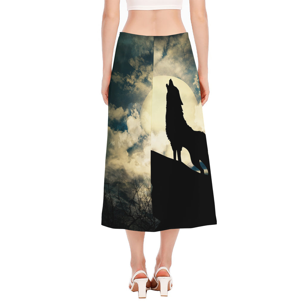Wolf Howling At The Full Moon Print Side Slit Midi Skirt