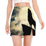 Wolf Howling At The Full Moon Print Side Slit Mini Skirt
