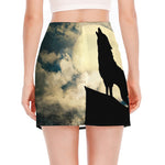 Wolf Howling At The Full Moon Print Side Slit Mini Skirt