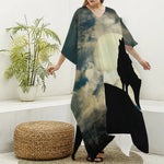 Wolf Howling At The Full Moon Print Silk V-Neck Kaftan Dress