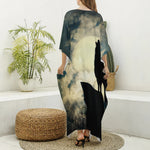 Wolf Howling At The Full Moon Print Silk V-Neck Kaftan Dress