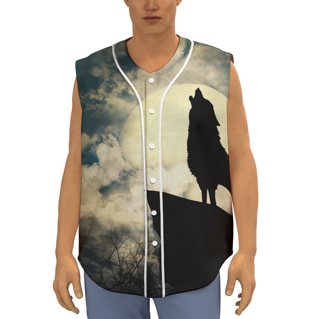 Wolf Howling At The Full Moon Print Sleeveless Baseball Jersey