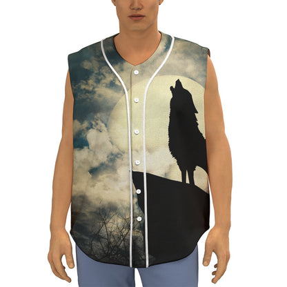 Wolf Howling At The Full Moon Print Sleeveless Baseball Jersey