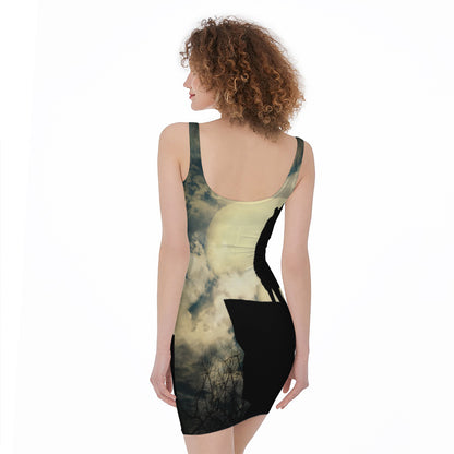 Wolf Howling At The Full Moon Print Sleeveless Bodycon Dress