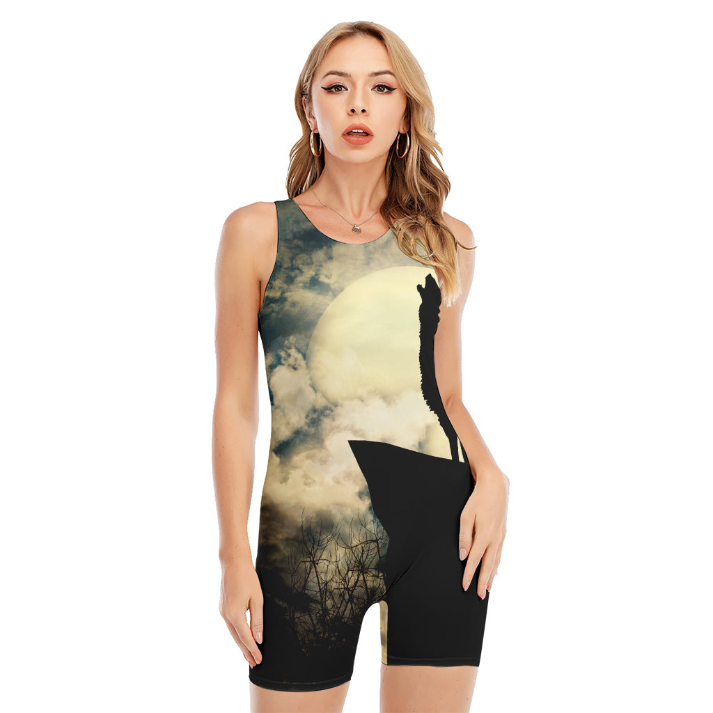 Wolf Howling At The Full Moon Print Sleeveless One Piece Swimsuit
