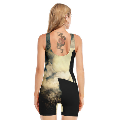 Wolf Howling At The Full Moon Print Sleeveless One Piece Swimsuit