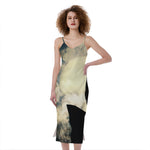 Wolf Howling At The Full Moon Print Slim Fit Midi Cami Dress