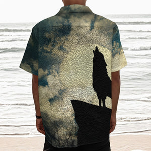 Wolf Howling At The Full Moon Print Textured Short Sleeve Shirt
