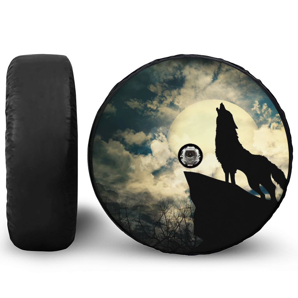 Wolf Howling At The Full Moon Print Tire Cover With Camera Hole