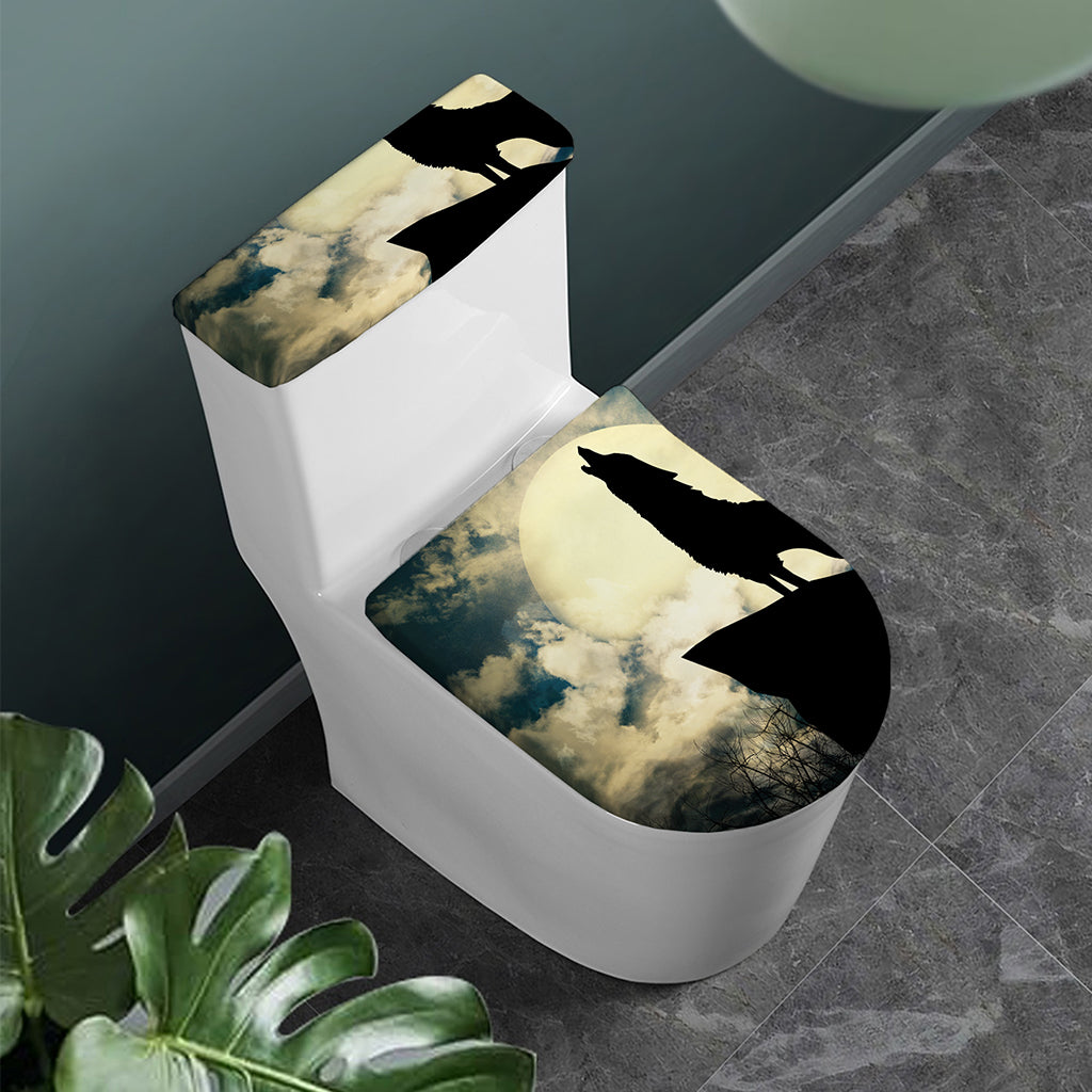 Wolf Howling At The Full Moon Print Toilet Lid And Tank Cover Set