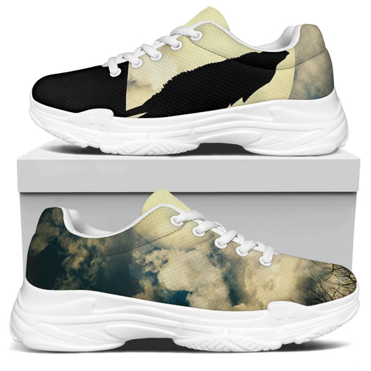 Wolf Howling At The Full Moon Print White Chunky Shoes