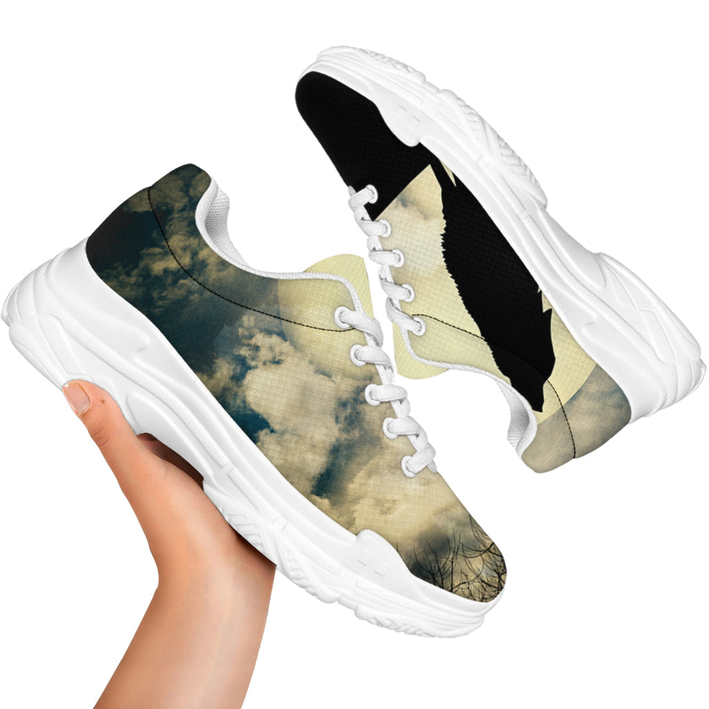 Wolf Howling At The Full Moon Print White Chunky Shoes