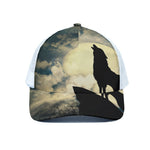 Wolf Howling At The Full Moon Print White Mesh Trucker Cap