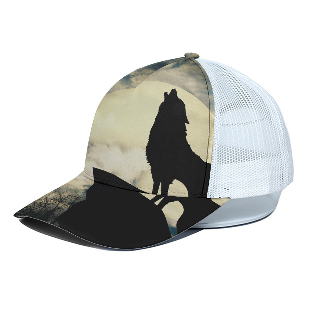 Wolf Howling At The Full Moon Print White Mesh Trucker Cap