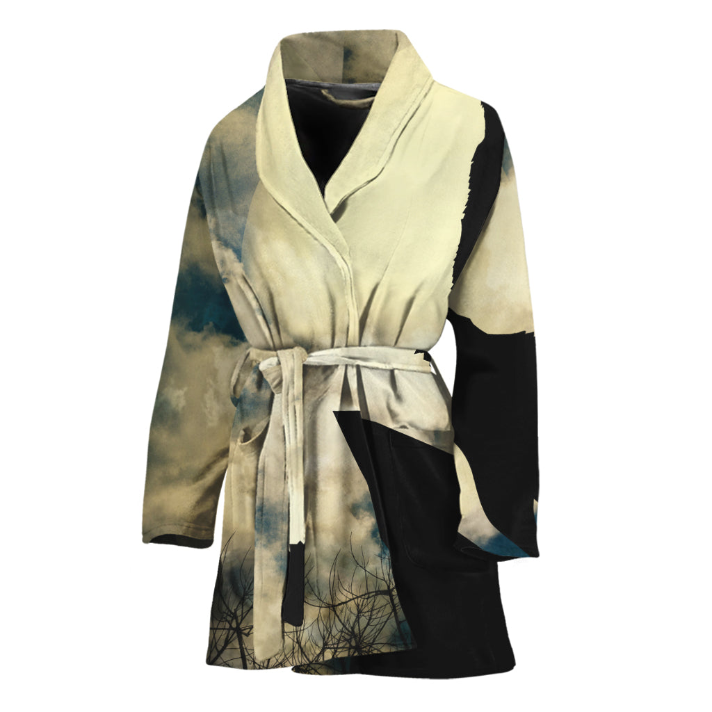 Wolf Howling At The Full Moon Print Women's Bathrobe