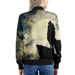 Wolf Howling At The Full Moon Print Women's Bomber Jacket