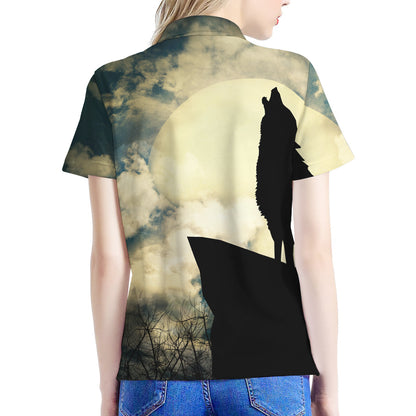 Wolf Howling At The Full Moon Print Women's Polo Shirt