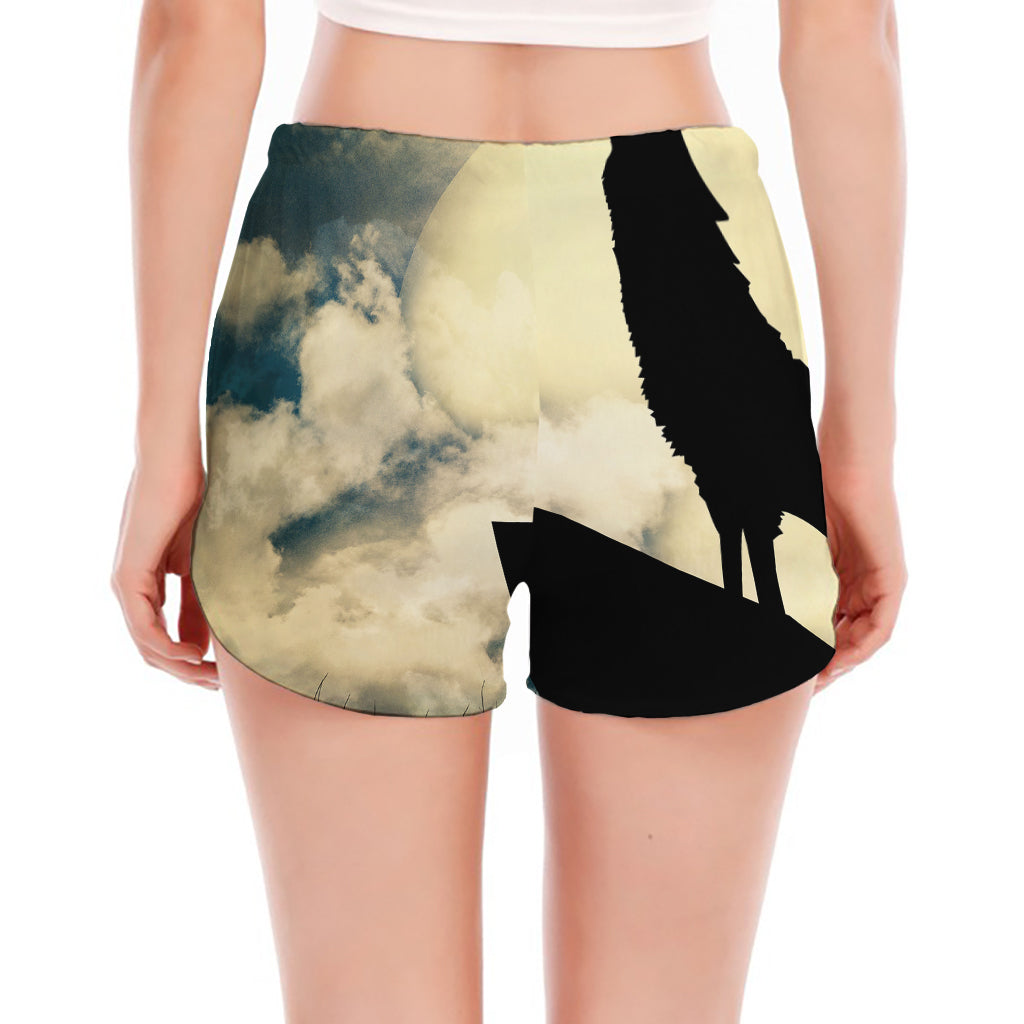 Wolf Howling At The Full Moon Print Women's Split Running Shorts