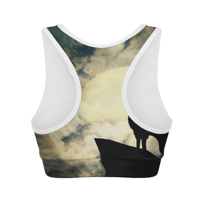 Wolf Howling At The Full Moon Print Women's Sports Bra