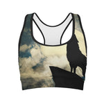Wolf Howling At The Full Moon Print Women's Sports Bra