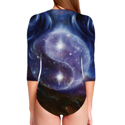 Woman Space Yin Yang Painting Print Long Sleeve Swimsuit