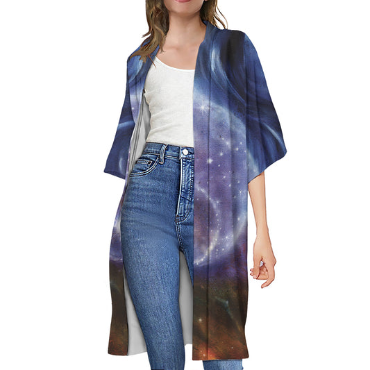 Woman Space Yin Yang Painting Print Open Front Beach Cover Up