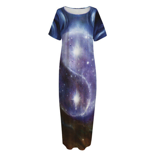Woman Space Yin Yang Painting Print Short Sleeve Long Nightdress