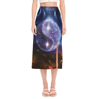 Woman Space Yin Yang Painting Print Side Slit Midi Skirt