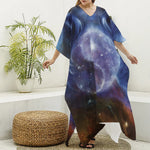 Woman Space Yin Yang Painting Print Silk V-Neck Kaftan Dress