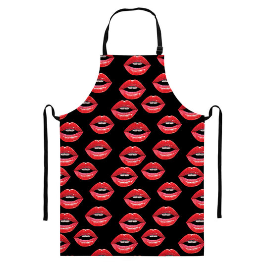 Women's Lips Pattern Print Bib Apron With Pocket