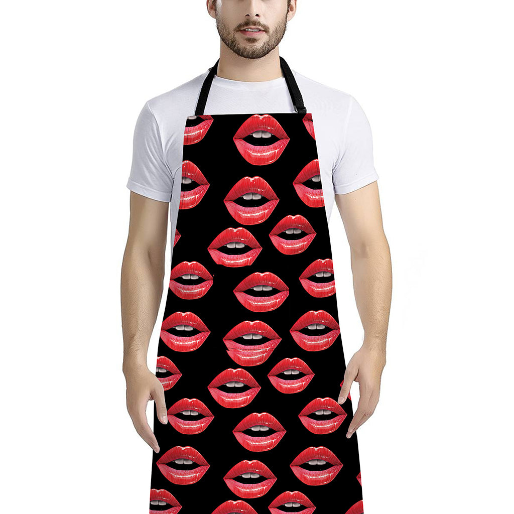 Women's Lips Pattern Print Bib Apron With Pocket