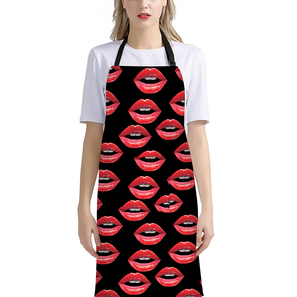 Women's Lips Pattern Print Bib Apron With Pocket