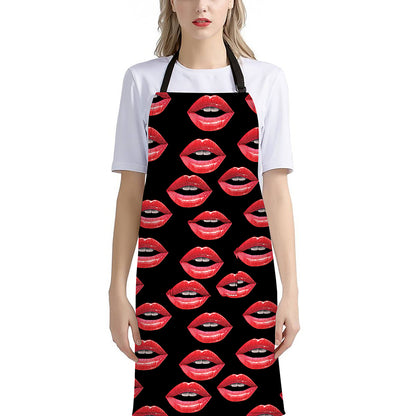 Women's Lips Pattern Print Bib Apron With Pocket