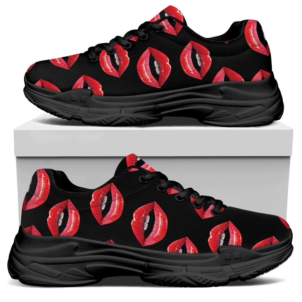 Women's Lips Pattern Print Black Chunky Shoes