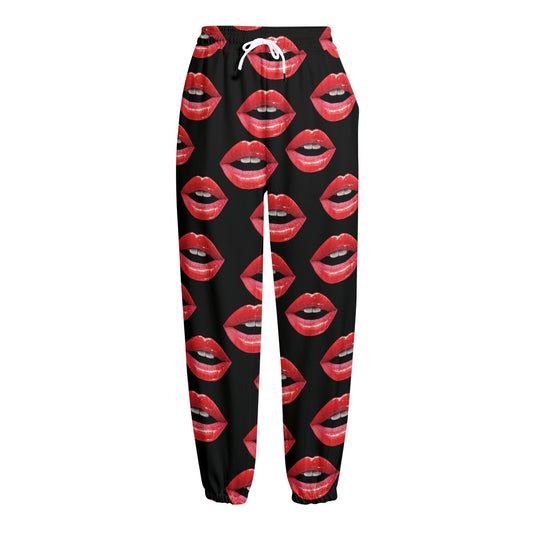 Women's Lips Pattern Print Fleece Lined Knit Pants