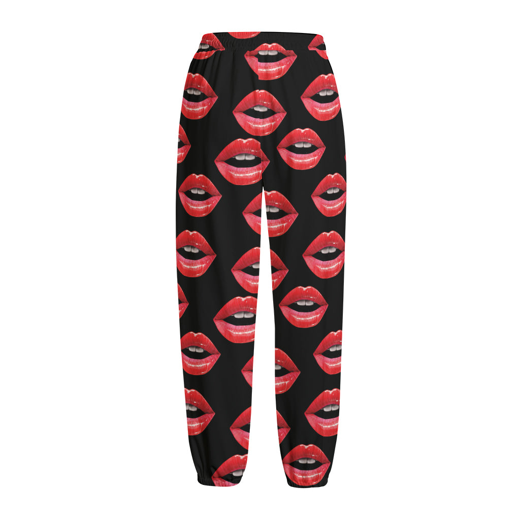 Women's Lips Pattern Print Fleece Lined Knit Pants