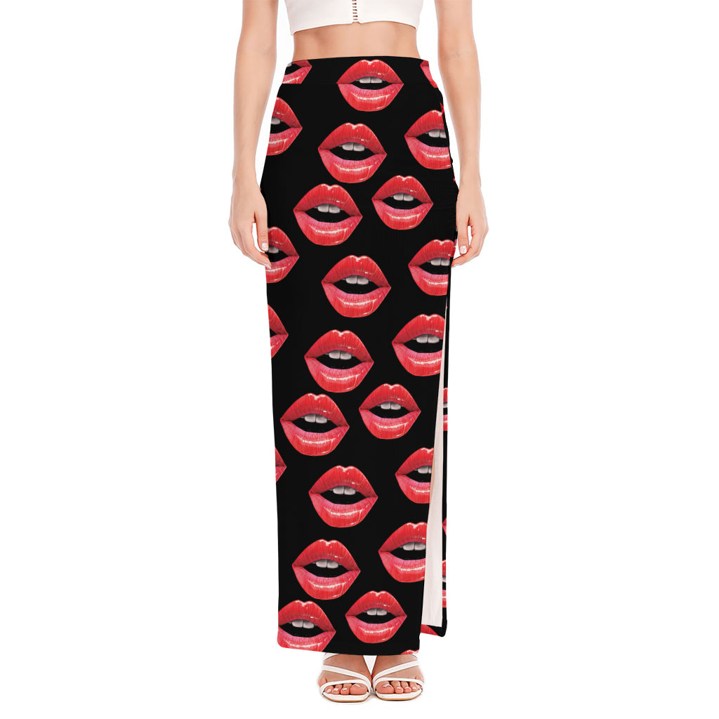 Women's Lips Pattern Print High Slit Maxi Skirt