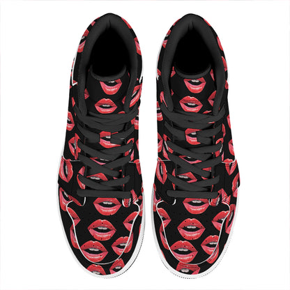 Women's Lips Pattern Print High Top Leather Sneakers