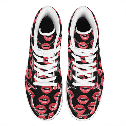 Women's Lips Pattern Print High Top Leather Sneakers