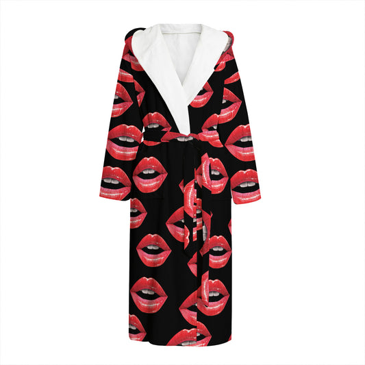 Women's Lips Pattern Print Hooded Bathrobe