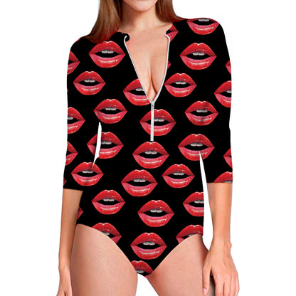 Women's Lips Pattern Print Long Sleeve Swimsuit